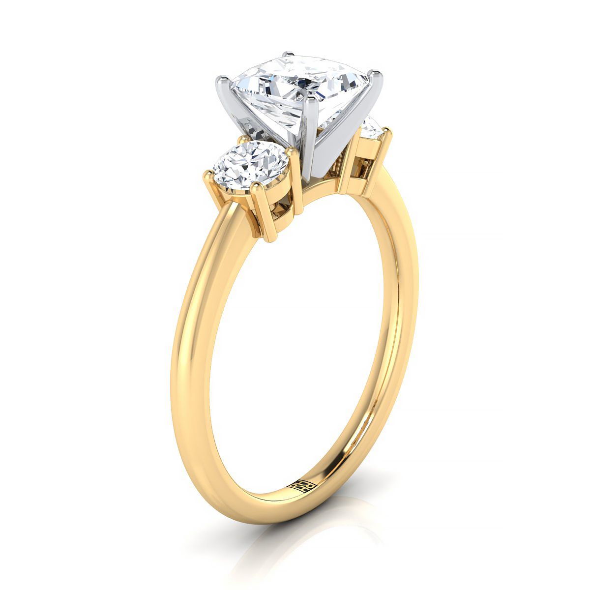 18K Yellow Gold Princess Cut Diamond Perfectly Matched Round Three Stone Diamond Engagement Ring -1/4ctw