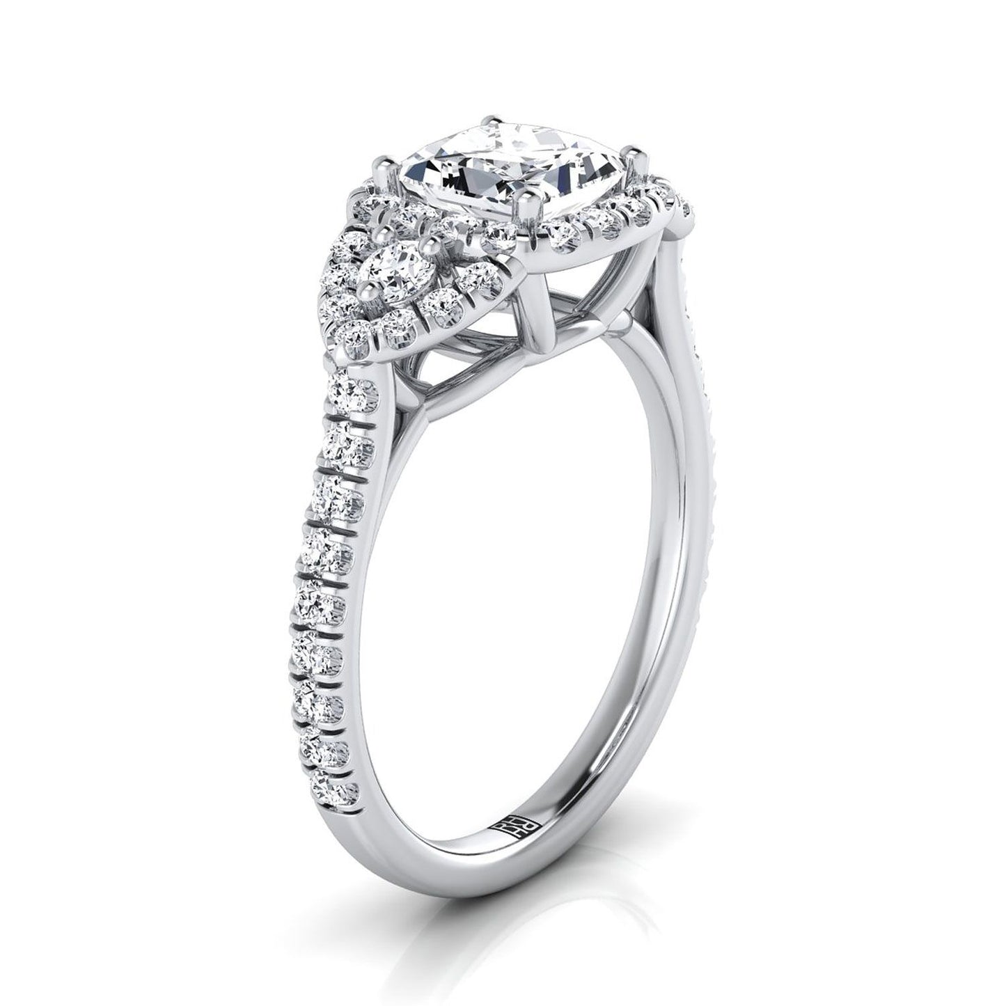 แหวนหมั้นเพชร 14K White Gold Princess Cut Diamond Delicate Three Stone Halo Pave -5/8ctw