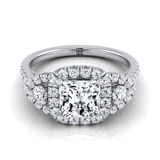 Platinum Princess Cut Diamond Delicate Three Stone Halo Pave Engagement Ring -5/8ctw