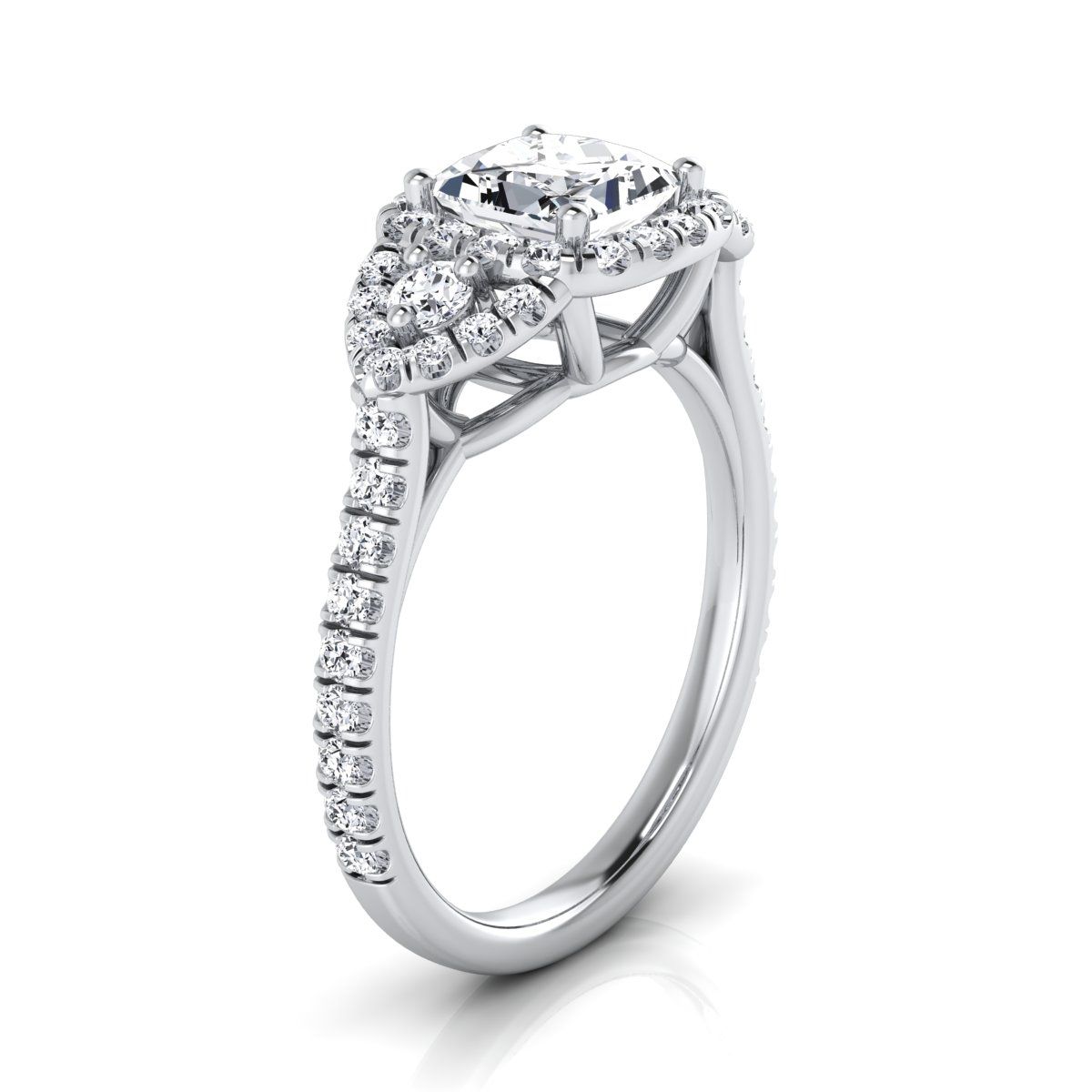 Platinum Princess Cut Diamond Delicate Three Stone Halo Pave Engagement Ring -5/8ctw