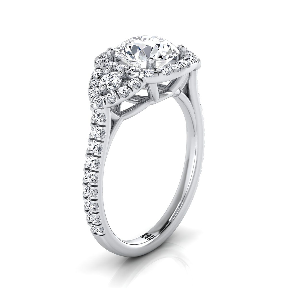 14K White Gold Round Brilliant Diamond Delicate Three Stone Halo Pave Engagement Ring -5/8ctw