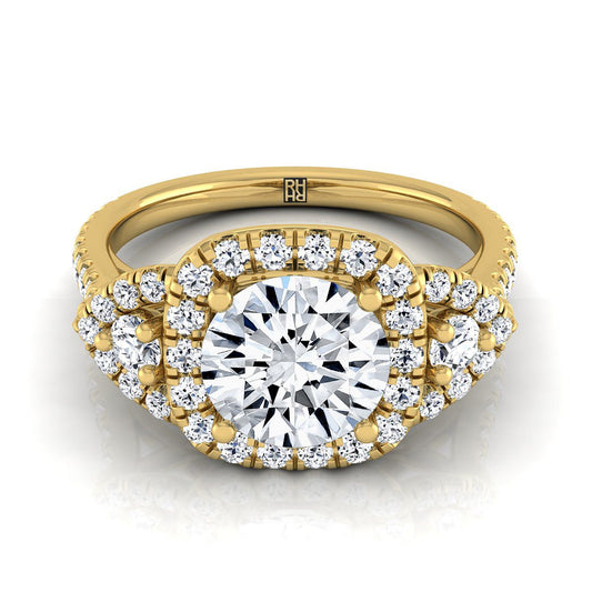 14K สีเหลืองทอง Round Brilliant Diamond Delicate สามหิน Halo Pave แหวนหมั้น -5/8ctw