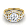 18K สีเหลืองทอง Round Brilliant Diamond Delicate สามหิน Halo Pave แหวนหมั้น -5/8ctw