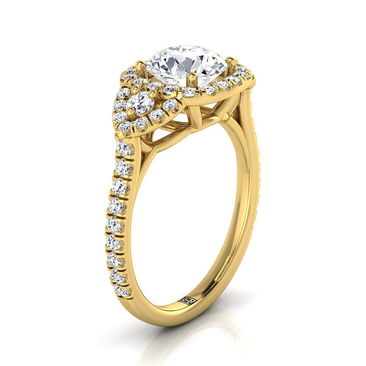 14K สีเหลืองทอง Round Brilliant Diamond Delicate สามหิน Halo Pave แหวนหมั้น -5/8ctw