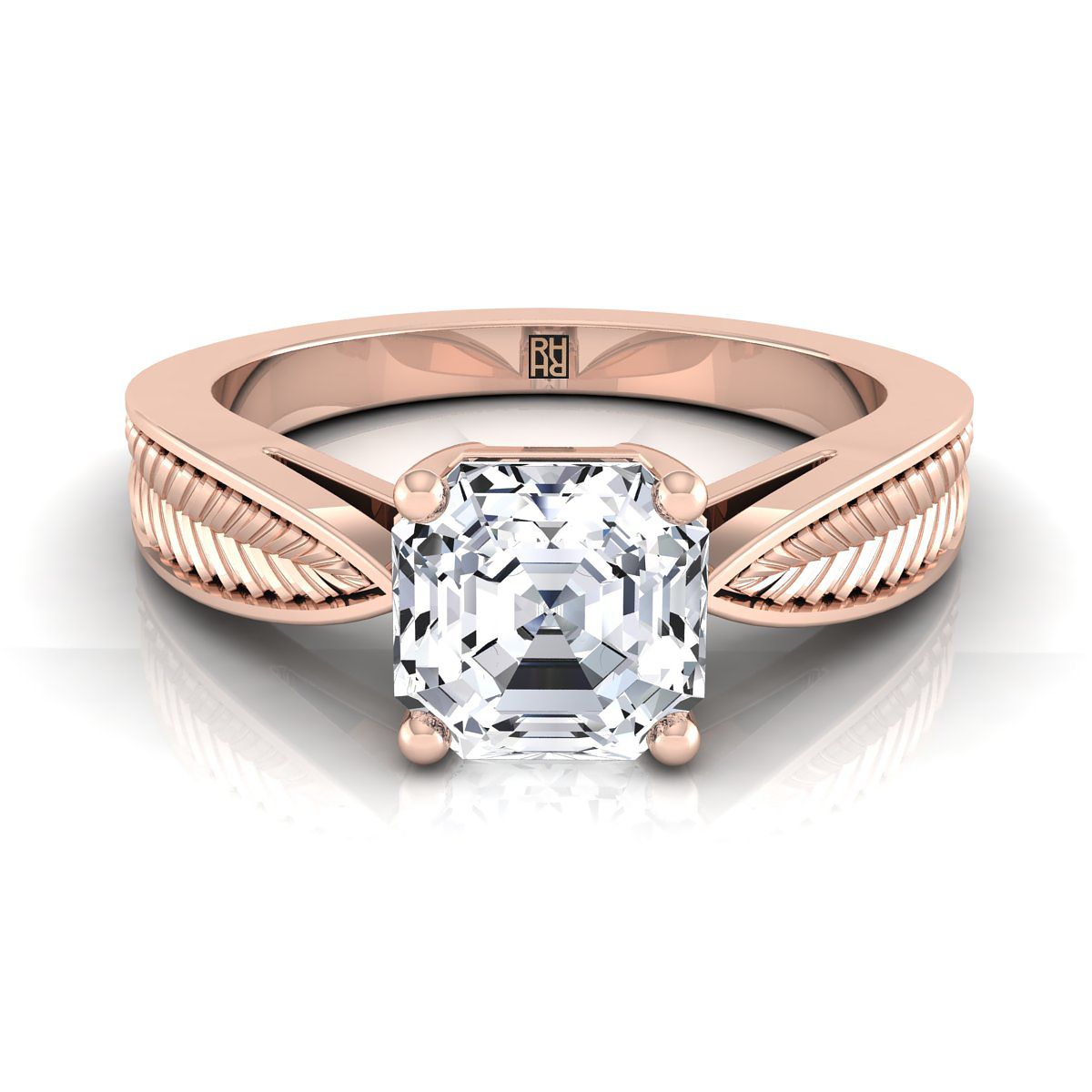 14K Rose Gold Asscher Cut Vintage Inspired Leaf Pattern Pinched Solitaire แหวนหมั้น