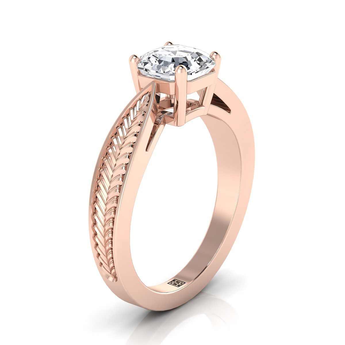 14K Rose Gold Asscher Cut Vintage Inspired Leaf Pattern Pinched Solitaire แหวนหมั้น