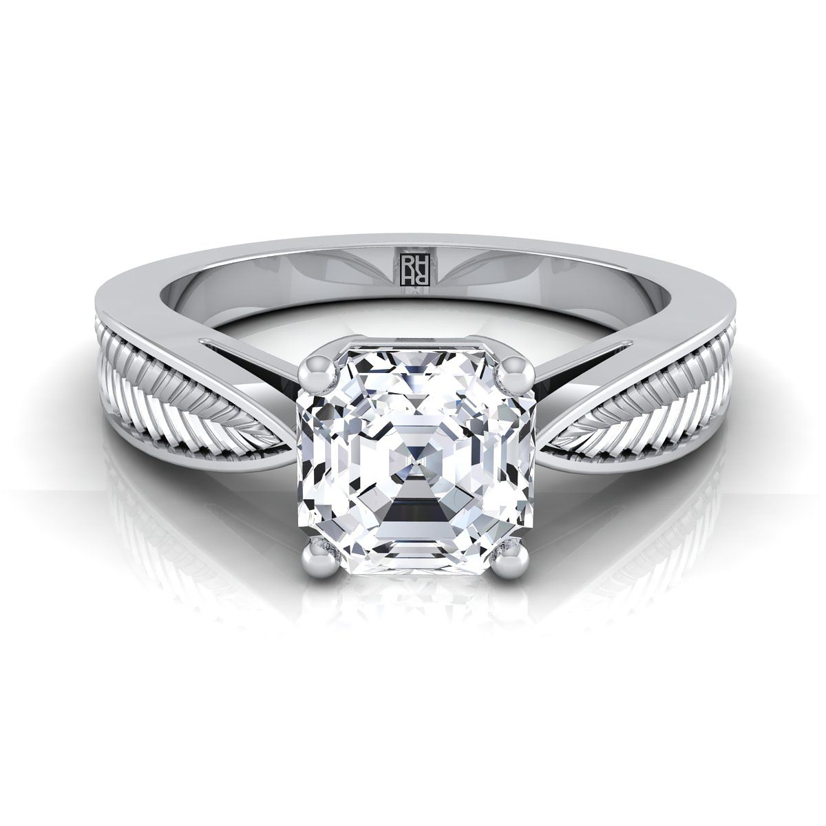 Platinum Asscher Cut ลวดลายใบไม้ที่ได้แรงบันดาลใจจากวินเทจแหวนหมั้นเล่นไพ่คนเดียวที่ถูกบีบ