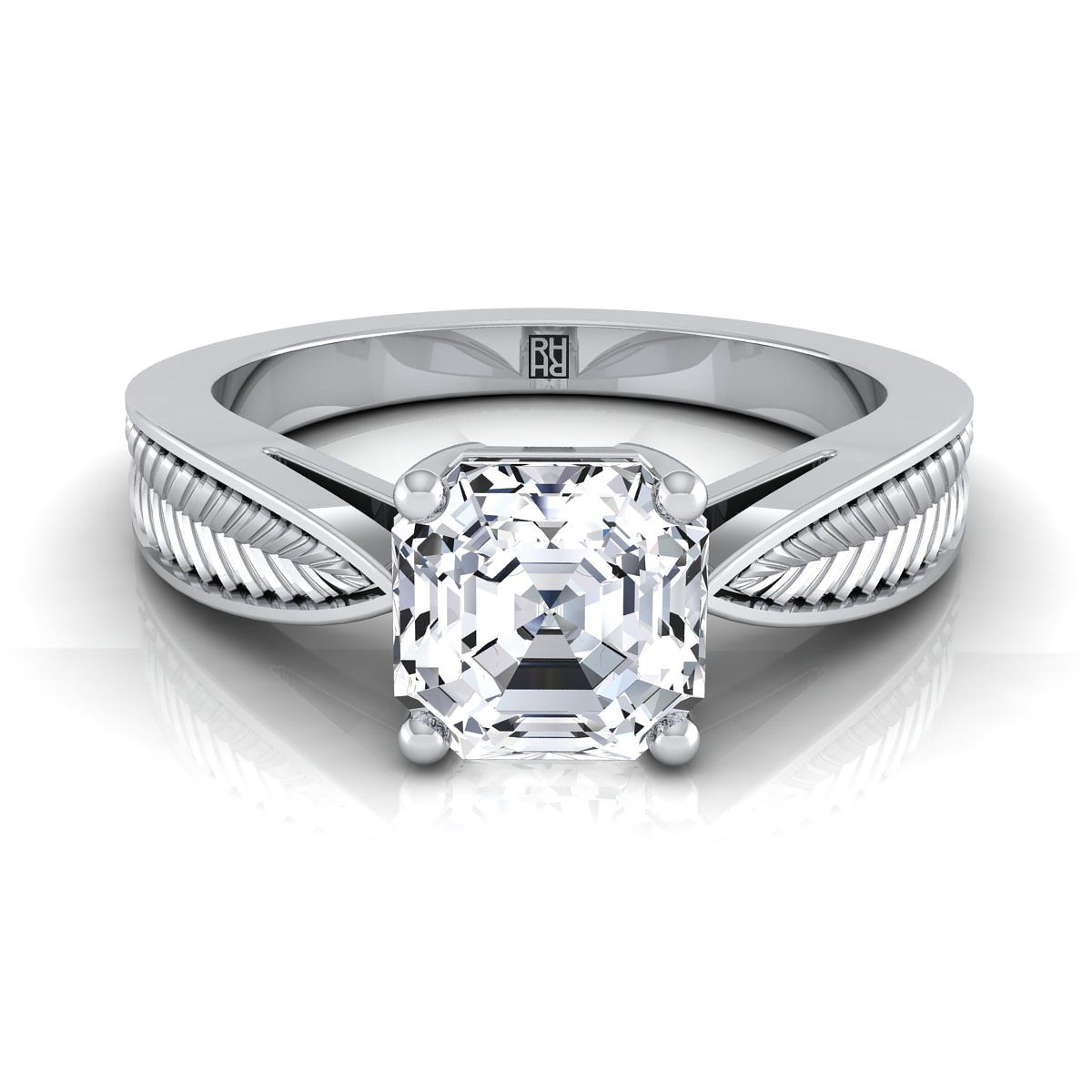 18K White Gold Asscher Cut Vintage Inspired Leaf Pattern Pinched Solitaire Engagement Ring
