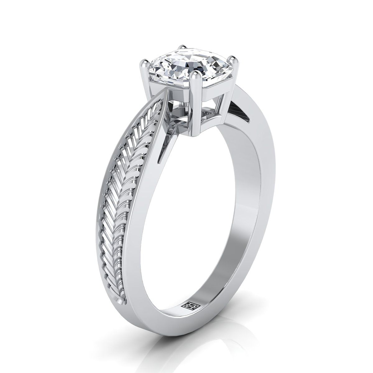 Platinum Asscher Cut ลวดลายใบไม้ที่ได้แรงบันดาลใจจากวินเทจแหวนหมั้นเล่นไพ่คนเดียวที่ถูกบีบ