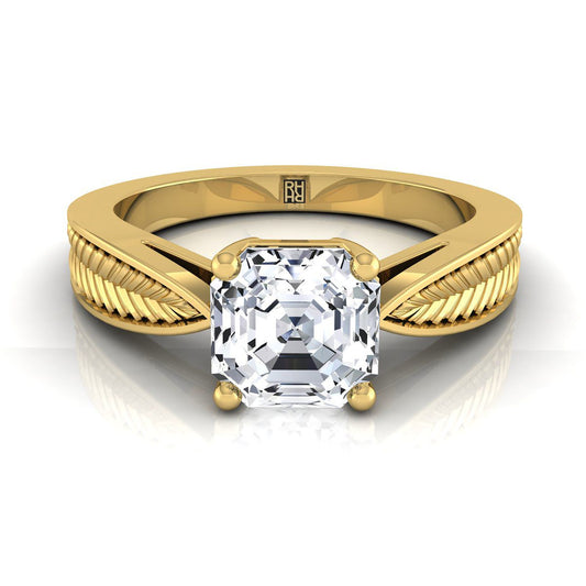 18K Yellow Gold Asscher Cut Vintage Inspired Leaf Pattern Pinched Solitaire Engagement Ring