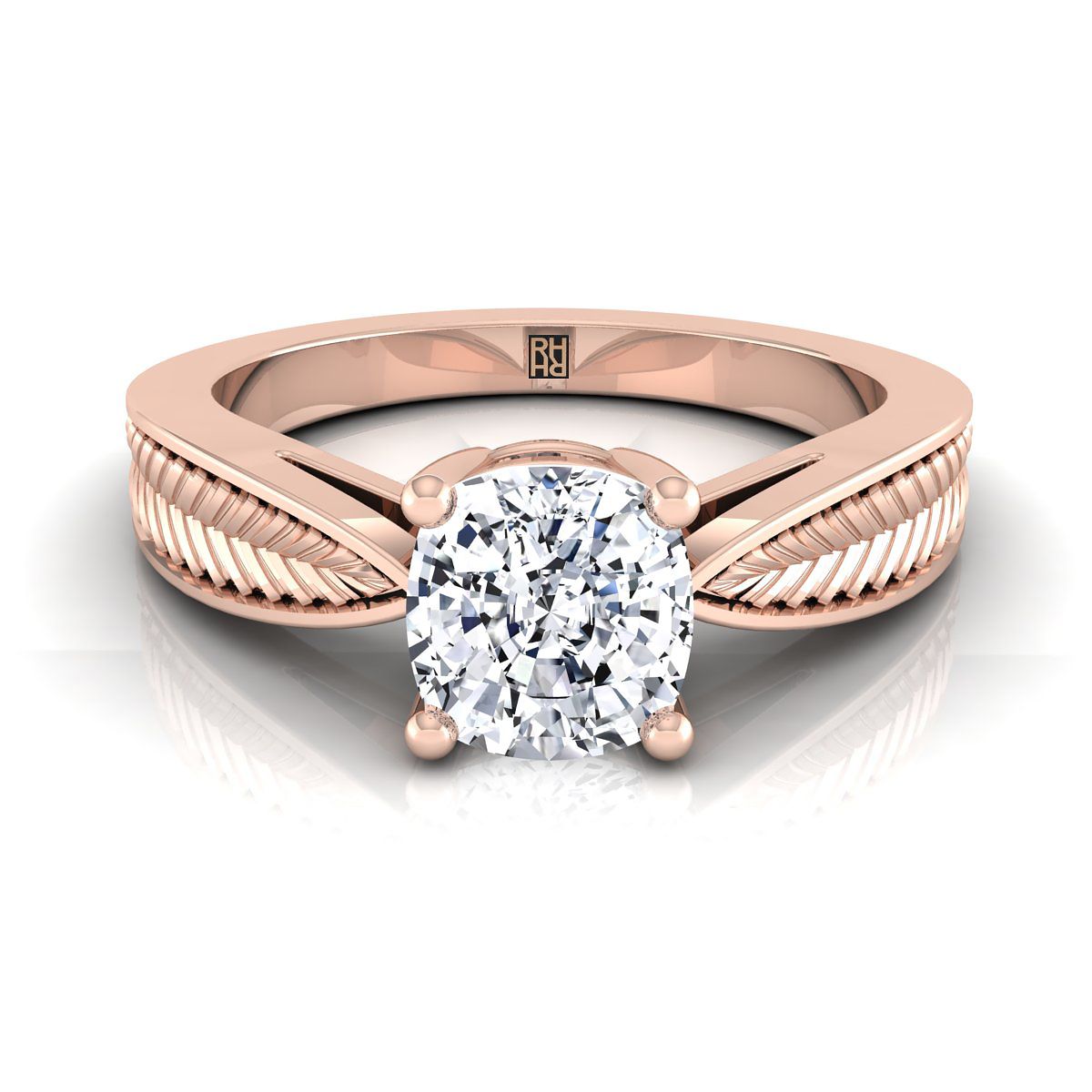 14K Rose Gold Cushion Vintage Inspired Leaf Pattern Pinched Solitaire แหวนหมั้น