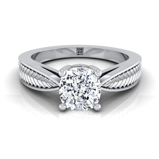 แหวนหมั้นเพชร 14K White Gold Cushion Vintage Inspired Leaf Pattern Pinched Solitaire Engagement Ring