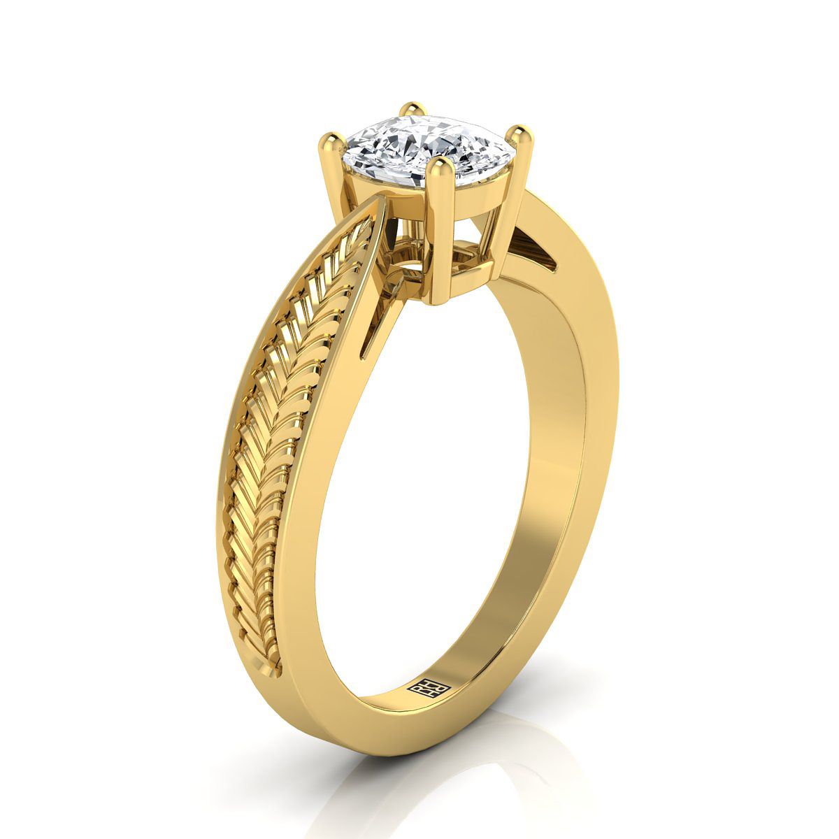 14K Yellow Gold Cushion Vintage Inspired Leaf Pattern Pinched Solitaire แหวนหมั้น