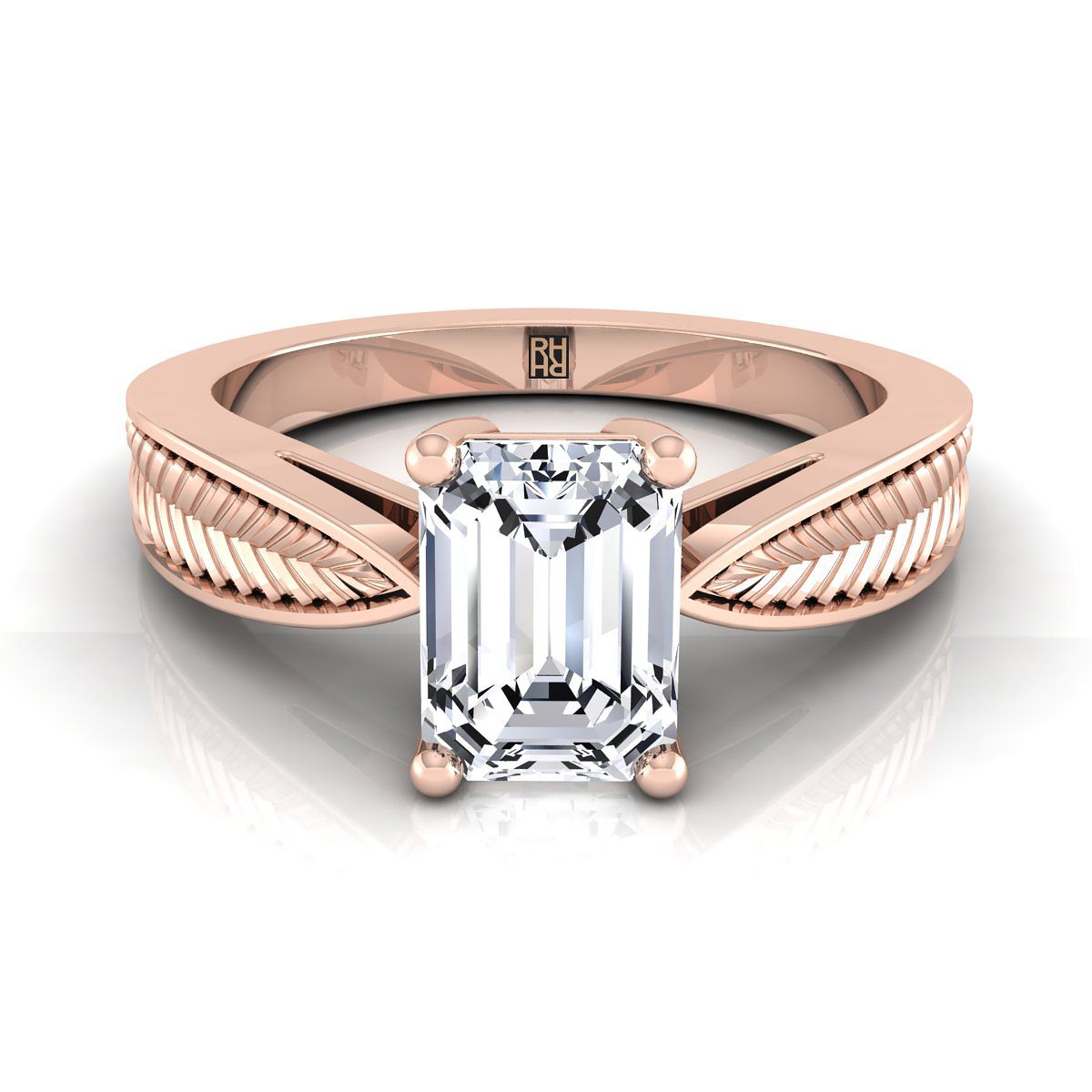 14K Rose Gold Emerald Cut Vintage Inspired Leaf Pattern Pinched Solitaire แหวนหมั้น