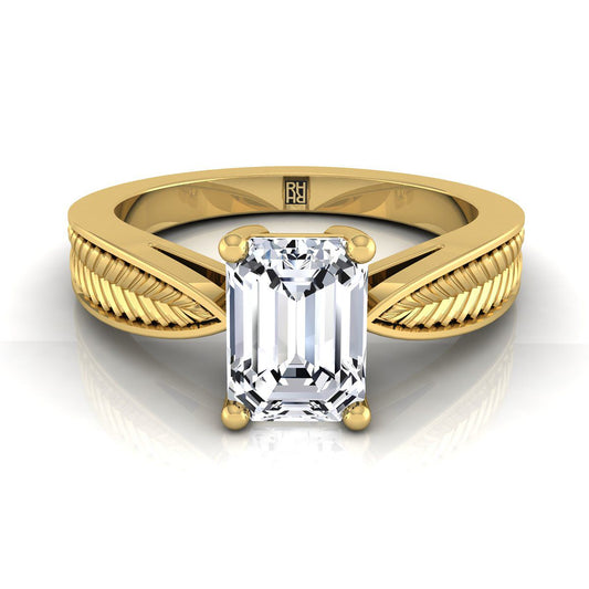 18K Yellow Gold Emerald Cut Vintage Inspired Leaf Pattern Pinched Solitaire แหวนหมั้น