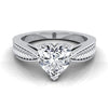 18K White Gold Heart Shape Center Vintage Inspired Leaf Pattern Pinched Solitaire Engagement Ring