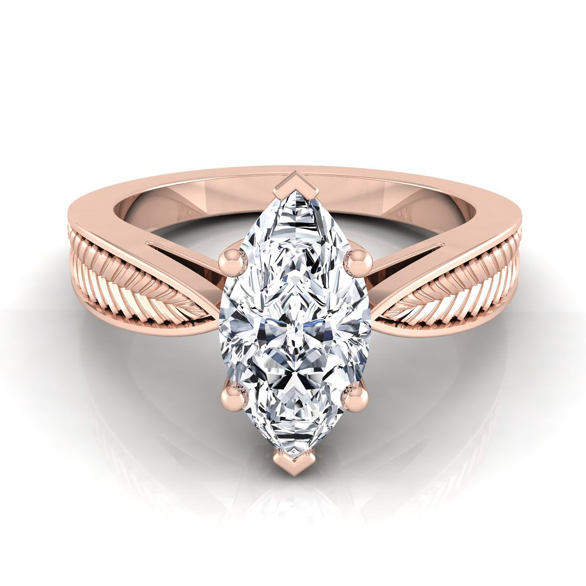 14K Rose Gold Marquise Vintage Inspired Leaf Pattern Pinched Solitaire แหวนหมั้น