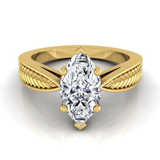 18K Yellow Gold Marquise Vintage Inspired Leaf Pattern Pinched Solitaire แหวนหมั้น