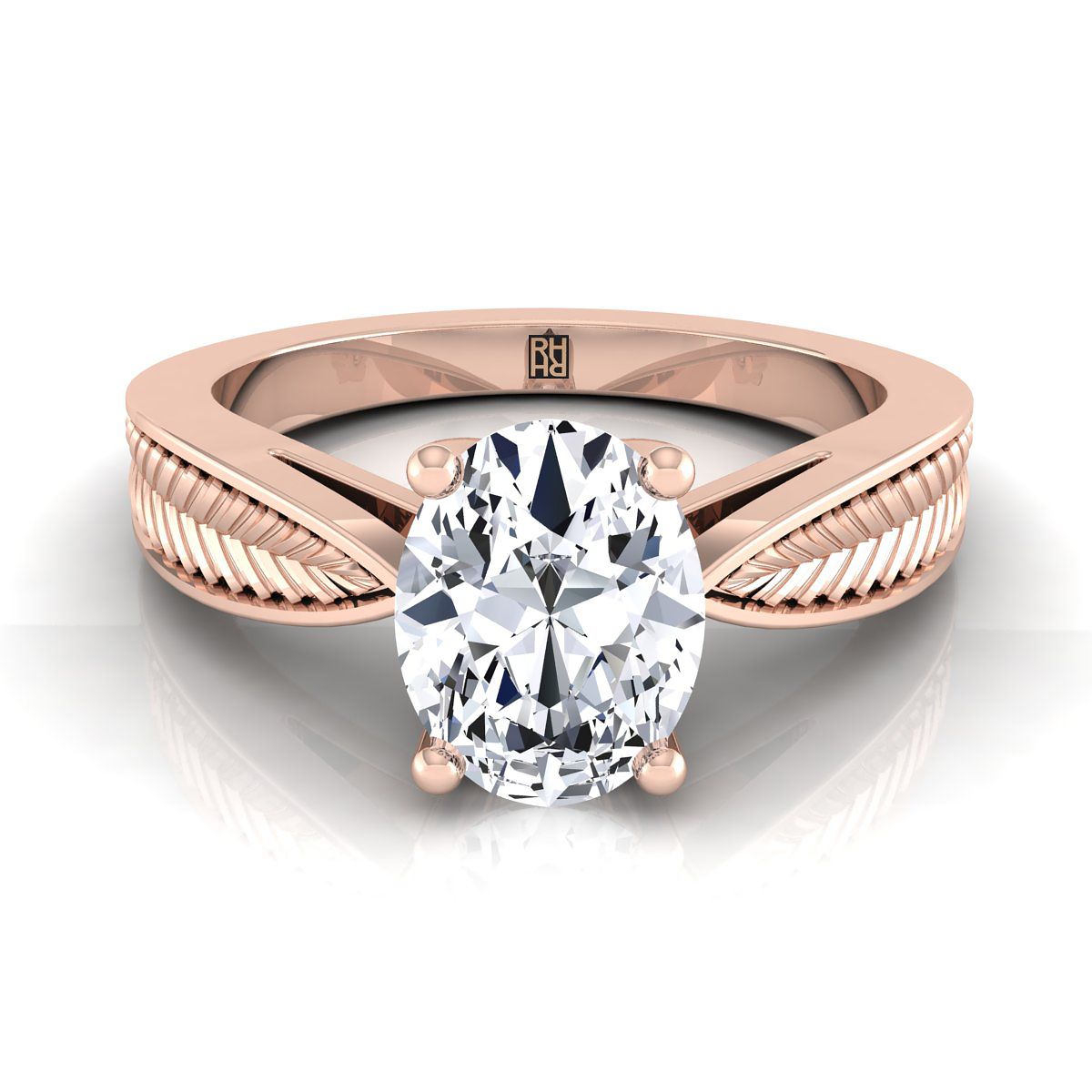 14K Rose Gold Oval Vintage Inspired Leaf Pattern Pinched Solitaire แหวนหมั้น