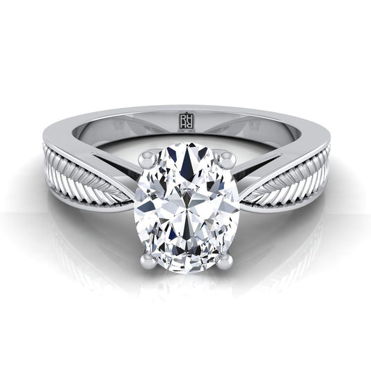 แหวนหมั้นเพชร 18K White Gold Oval Vintage Inspired Leaf Pattern Pinched Solitaire Engagement Ring