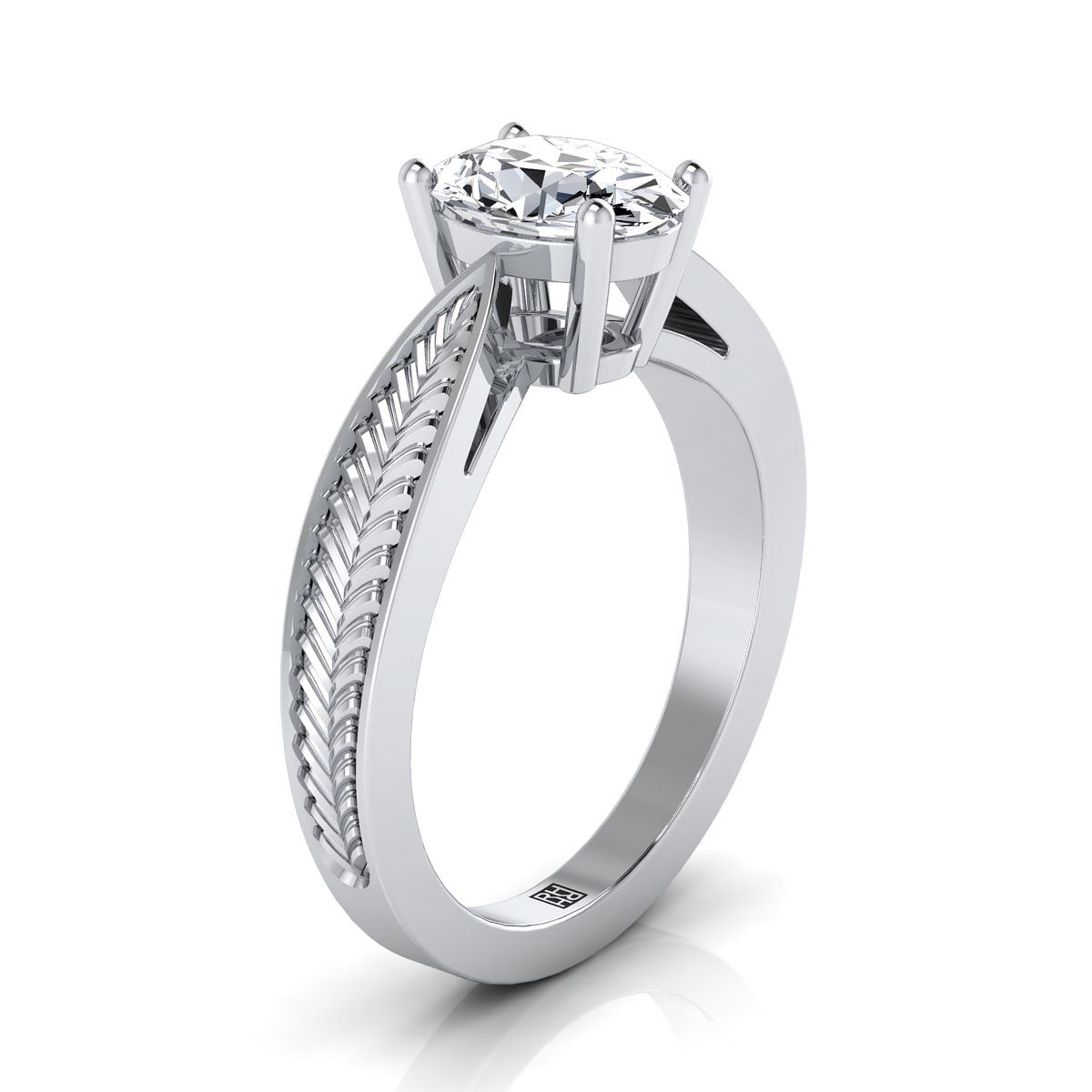 แหวนหมั้นทองคำขาว 14K ทรงรีที่ได้รับแรงบันดาลใจสไตล์วินเทจลายใบไม้ Pinched Solitaire