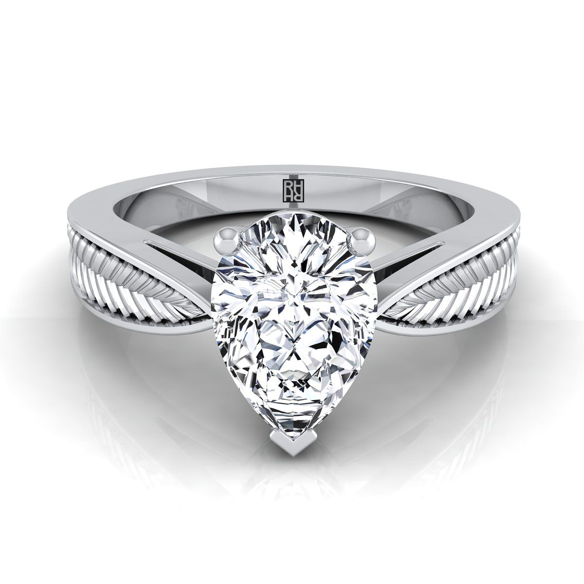 แหวนหมั้นเพชร 14K White Gold Pear Shape Center Vintage Inspired Leaf Pattern Pinched Solitaire Engagement Ring