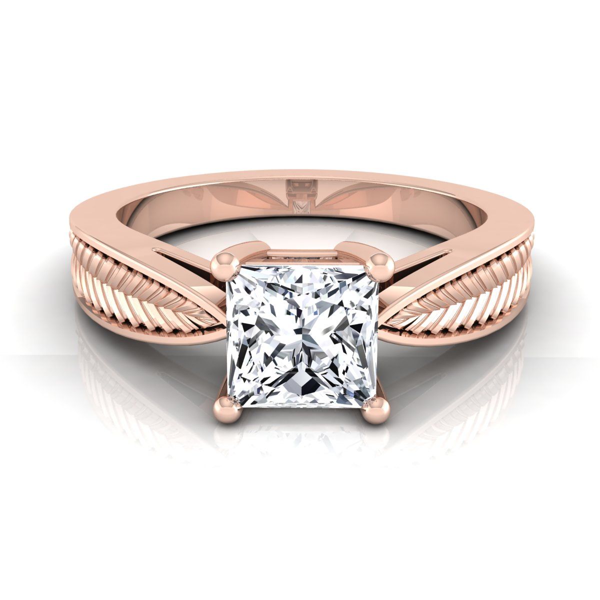 14K Rose Gold Princess Cut Vintage Inspired Leaf Pattern Pinched Solitaire แหวนหมั้น