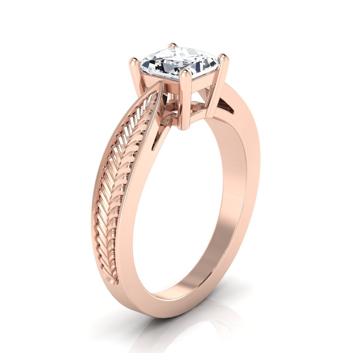 14K Rose Gold Princess Cut Vintage Inspired Leaf Pattern Pinched Solitaire แหวนหมั้น