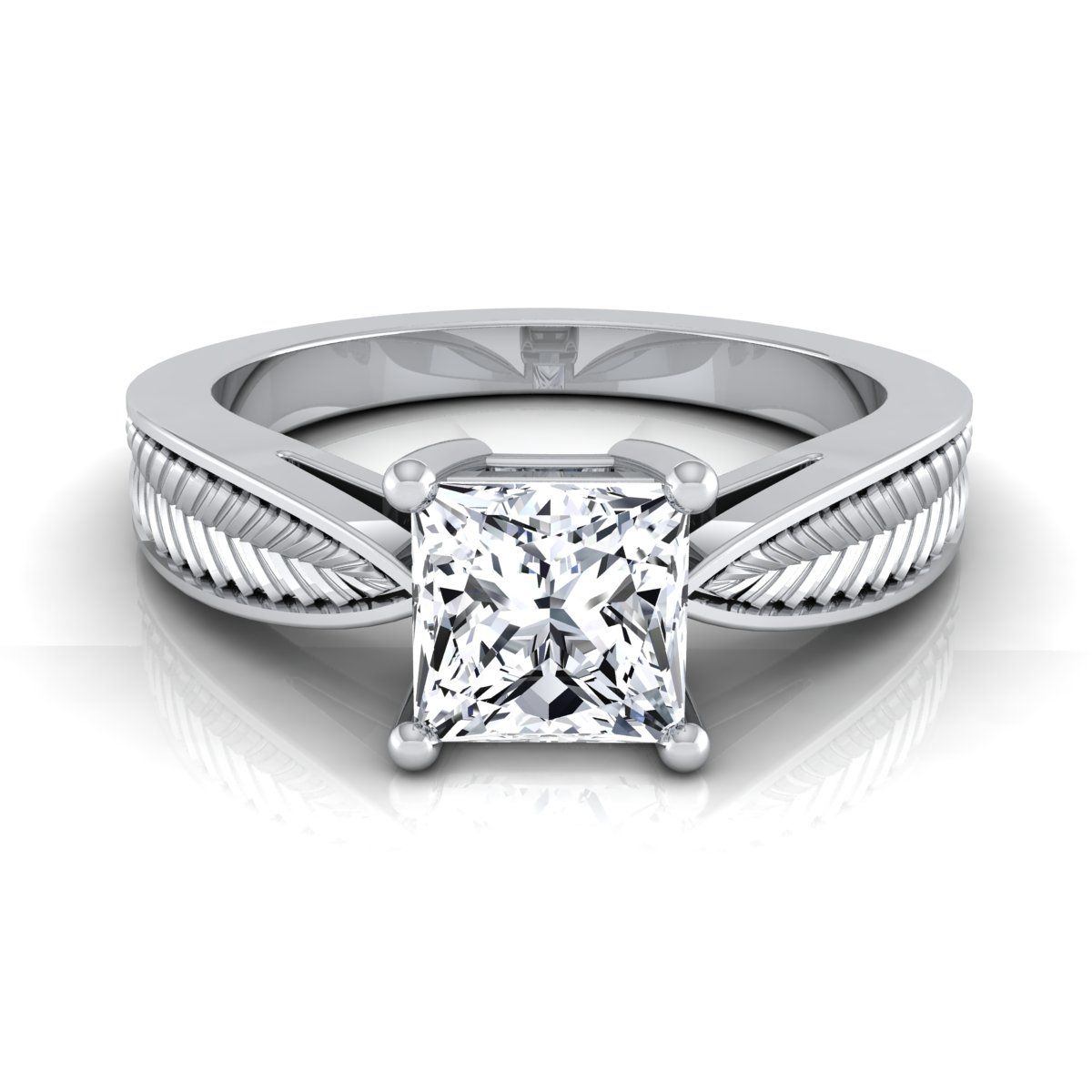 แหวนหมั้นเพชร 14K White Gold Princess Cut ที่ได้รับแรงบันดาลใจจากใบไม้รูปแบบ Pinched Solitaire