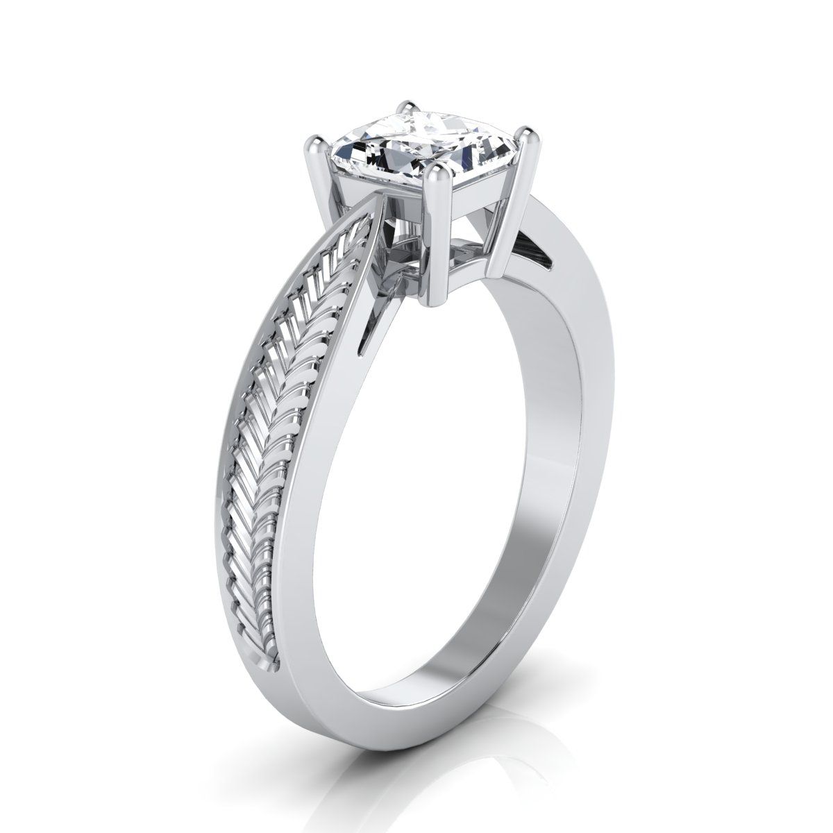 แหวนหมั้นเพชร 18K White Gold Princess Cut ที่ได้รับแรงบันดาลใจจากใบไม้รูปแบบ Pinched Solitaire