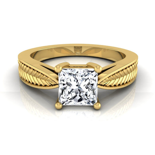 18K Yellow Gold Princess Cut Vintage Inspired Leaf Pattern Pinched Solitaire Engagement Ring