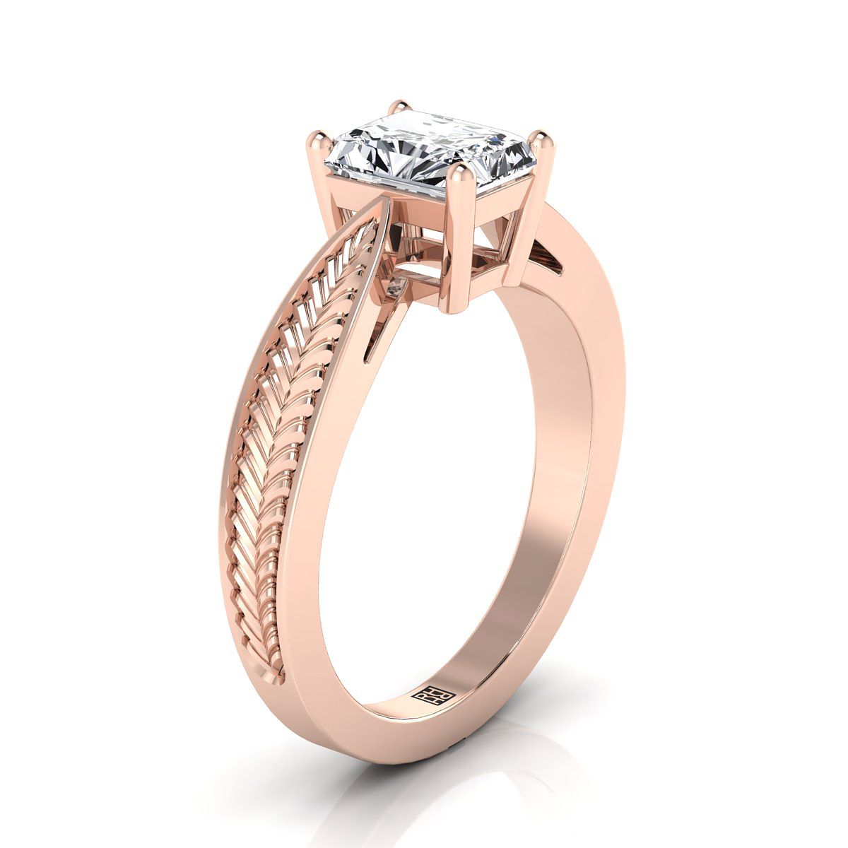 แหวนหมั้นเพชร 14K Rose Gold Radiant Cut Center ที่ได้รับแรงบันดาลใจจากใบไม้รูปแบบ Pinched Solitaire