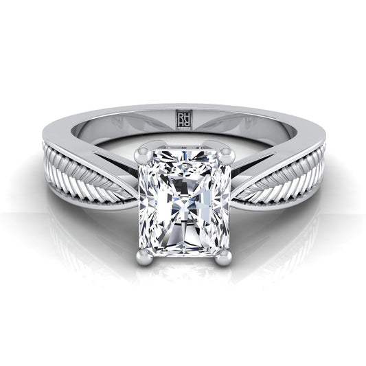 แหวนหมั้นเพชร 14K White Gold Radiant Cut Center Vintage Inspired Leaf Pattern Pinched Solitaire Engagement Ring