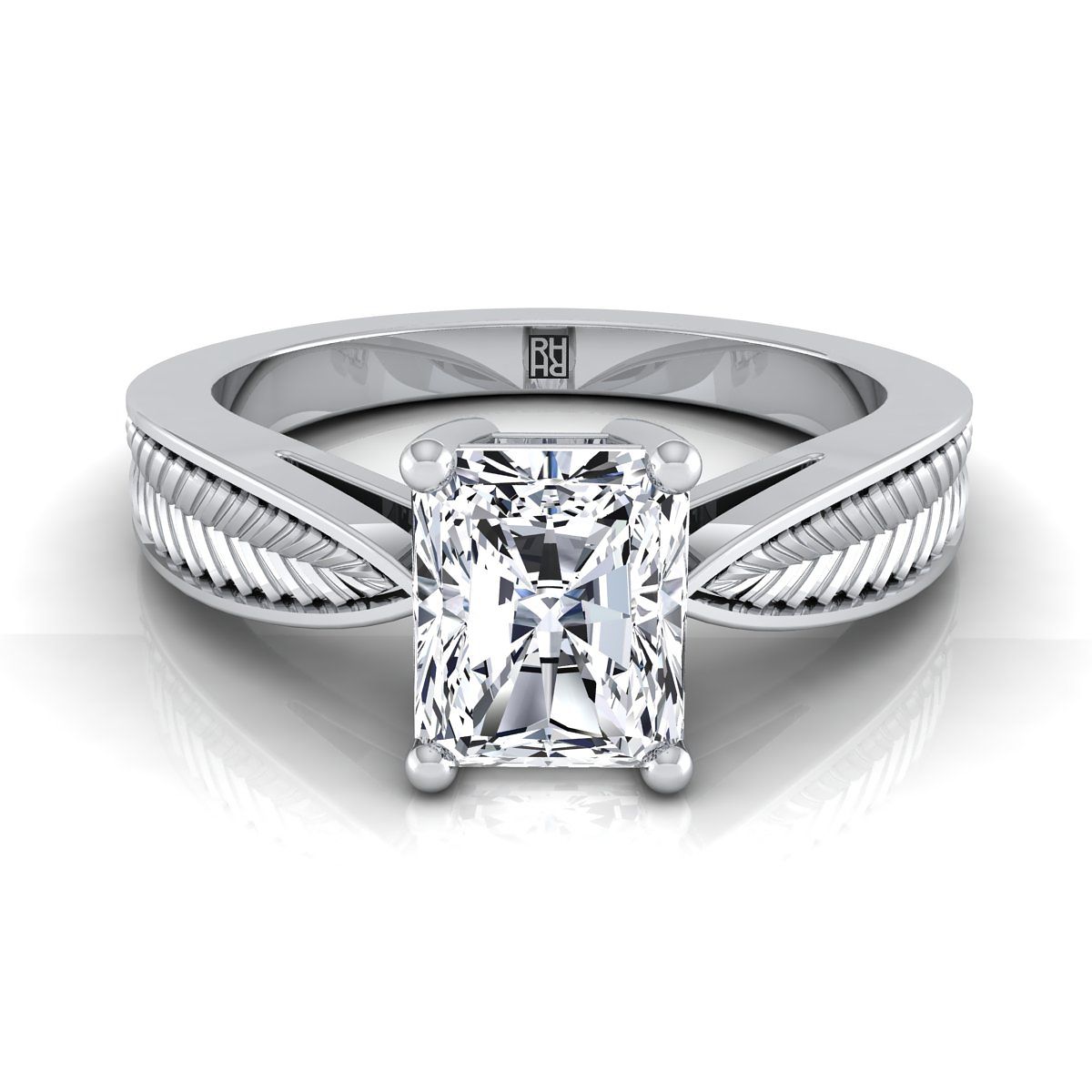 แหวนหมั้นเพชร 18K White Gold Radiant Cut Center Vintage Inspired Leaf Pattern Pinched Solitaire Engagement Ring