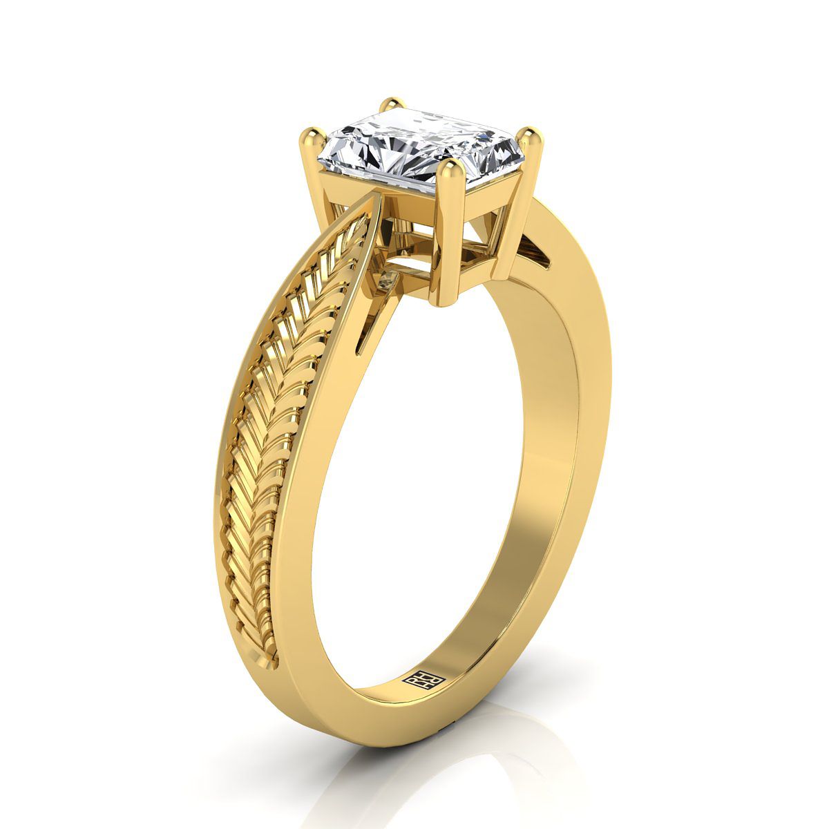 แหวนหมั้นเพชร 18K Yellow Gold Radiant Cut Center ที่ได้รับแรงบันดาลใจจากใบไม้รูปแบบ Pinched Solitaire