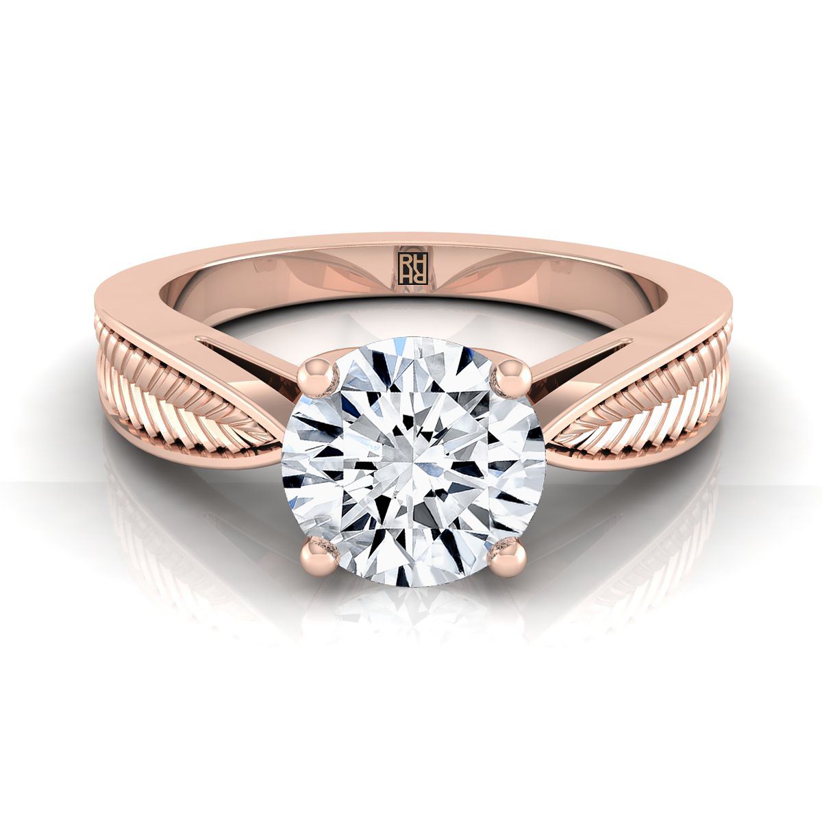 14K Rose Gold Round Brilliant Vintage Inspired Leaf Pattern Pinched Solitaire แหวนหมั้น