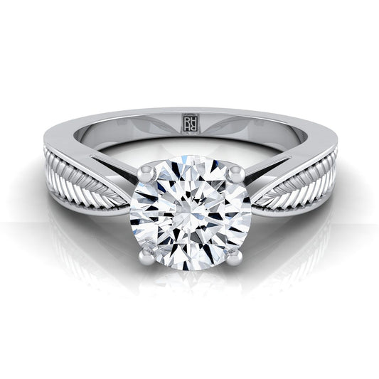 แหวนหมั้นเพชร 14K White Gold Round Brilliant Vintage Inspired Leaf Pattern Pinched Solitaire Engagement Ring