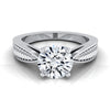 แหวนหมั้นเพชร 14K White Gold Round Brilliant Vintage Inspired Leaf Pattern Pinched Solitaire Engagement Ring