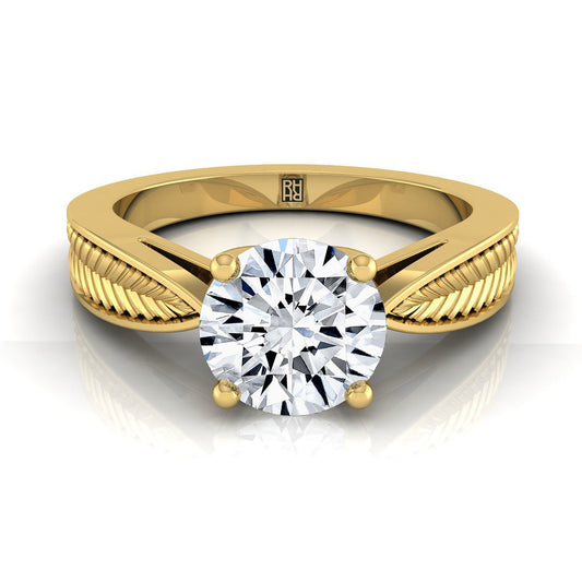 14K Yellow Gold Round Brilliant Vintage Inspired Leaf Pattern Pinched Solitaire แหวนหมั้น