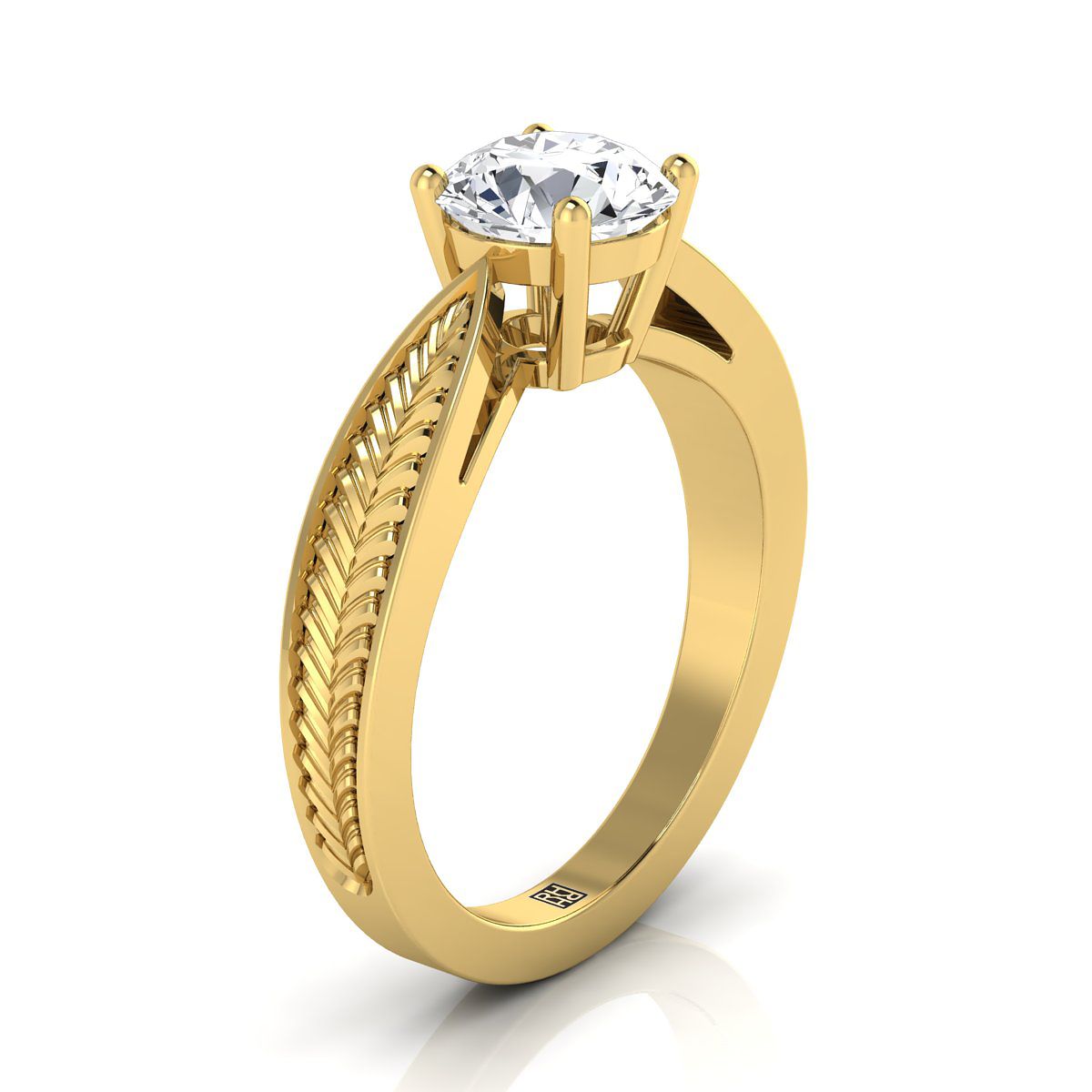 14K Yellow Gold Round Brilliant Vintage Inspired Leaf Pattern Pinched Solitaire แหวนหมั้น