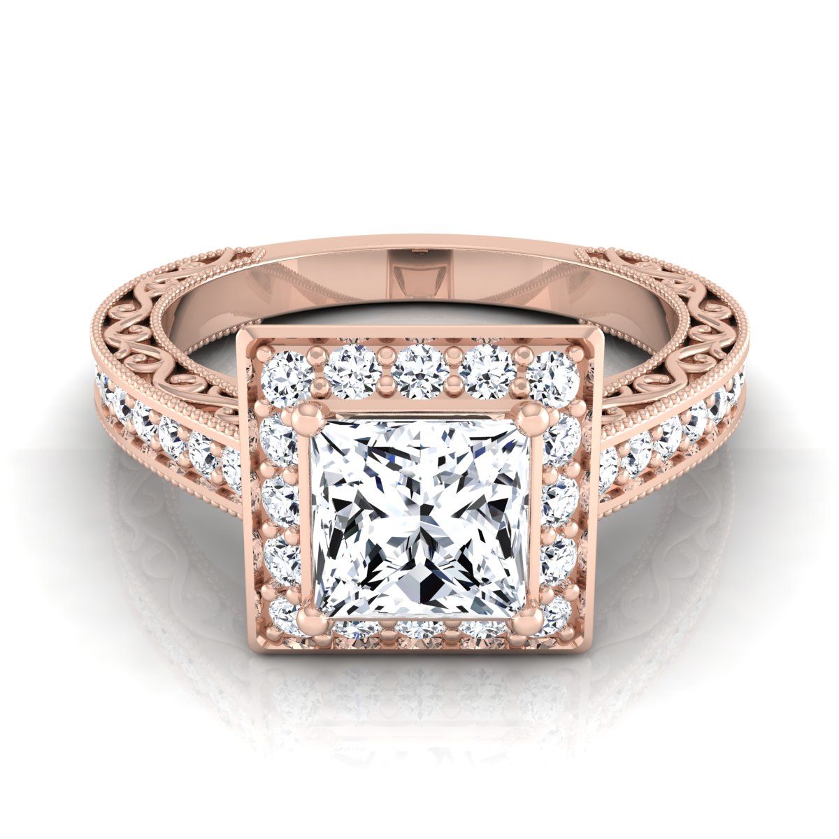 แหวนหมั้นเพชรมิลเกรน 14K Rose Gold Princess Cut แกะสลักด้วยมือ -1/2ctw