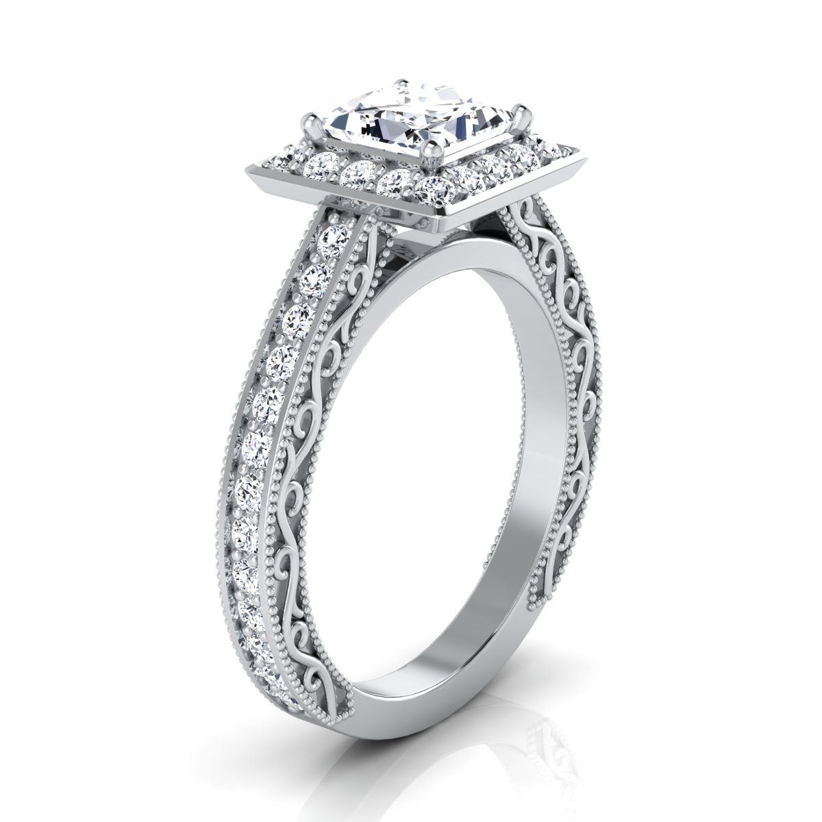 แหวนหมั้นเพชรมิลเกรน 14K White Gold Princess Cut สลักด้วยมือ -1/2ctw