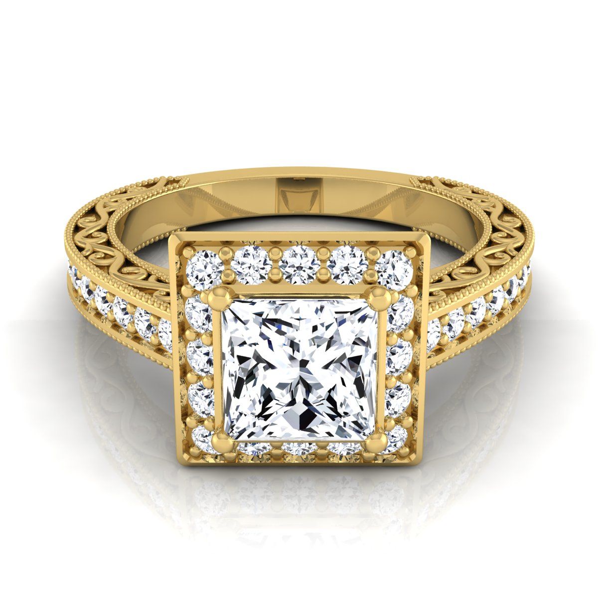 แหวนหมั้นเพชรมิลเกรน 14K สีเหลืองทอง Princess Cut สลักด้วยมือ -1/2ctw