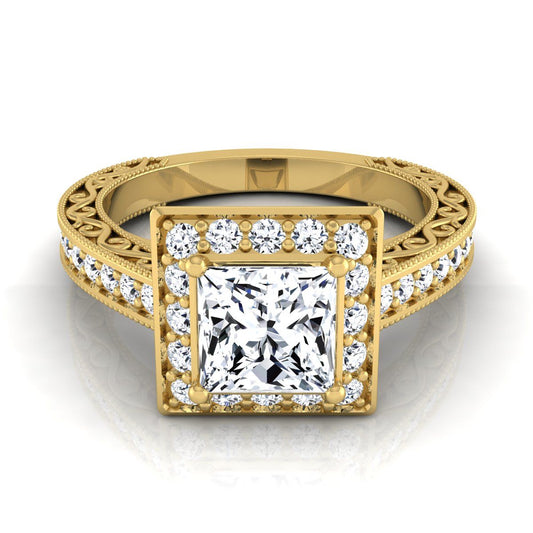 แหวนหมั้นเพชรมิลเกรน 14K สีเหลืองทอง Princess Cut สลักด้วยมือ -1/2ctw