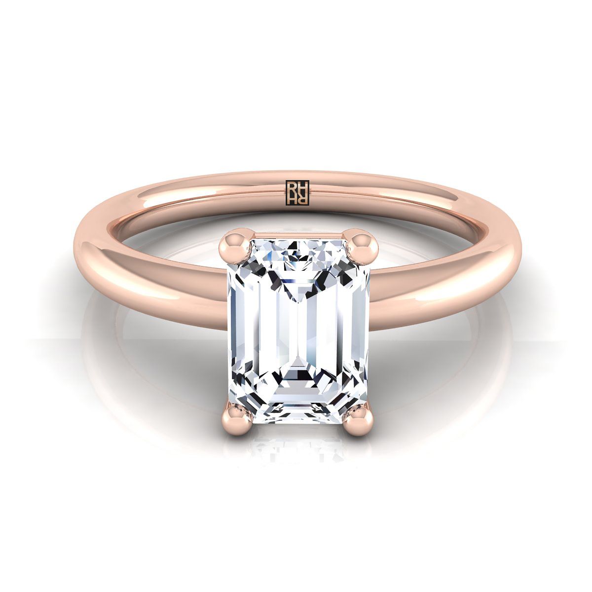 แหวนหมั้นเพชร 14K Rose Gold Emerald Cut Rounded Comfort Fit Solitaire