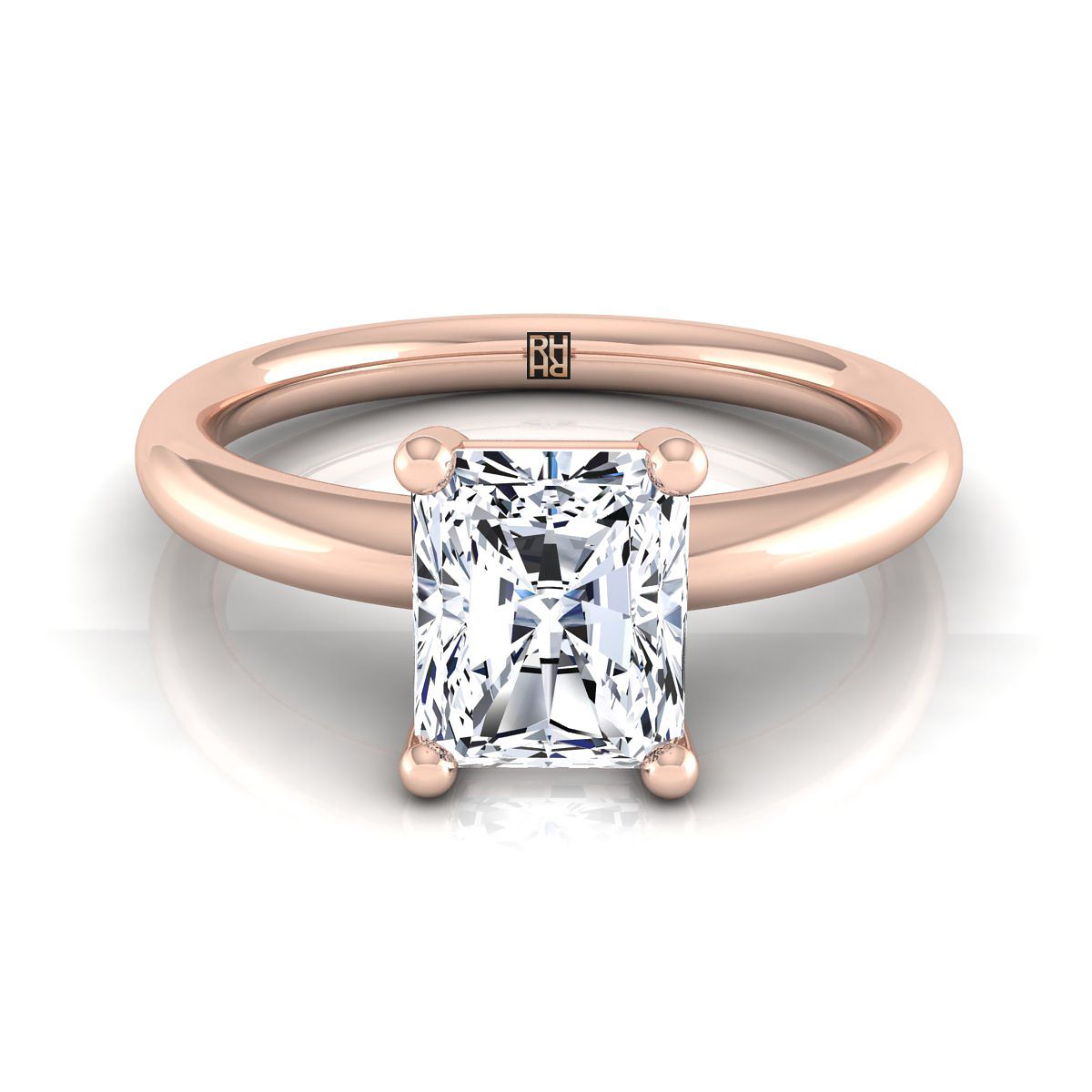 แหวนหมั้นเพชร 14K Rose Gold Radiant Cut Center Rounded Comfort Fit Solitaire