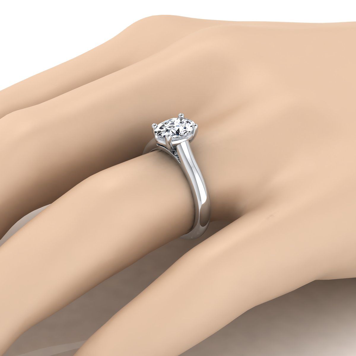 แหวนหมั้นทองคำขาว 14K ทรงวงรีแบบบีบ Comfort Fit Claw Prong Solitaire