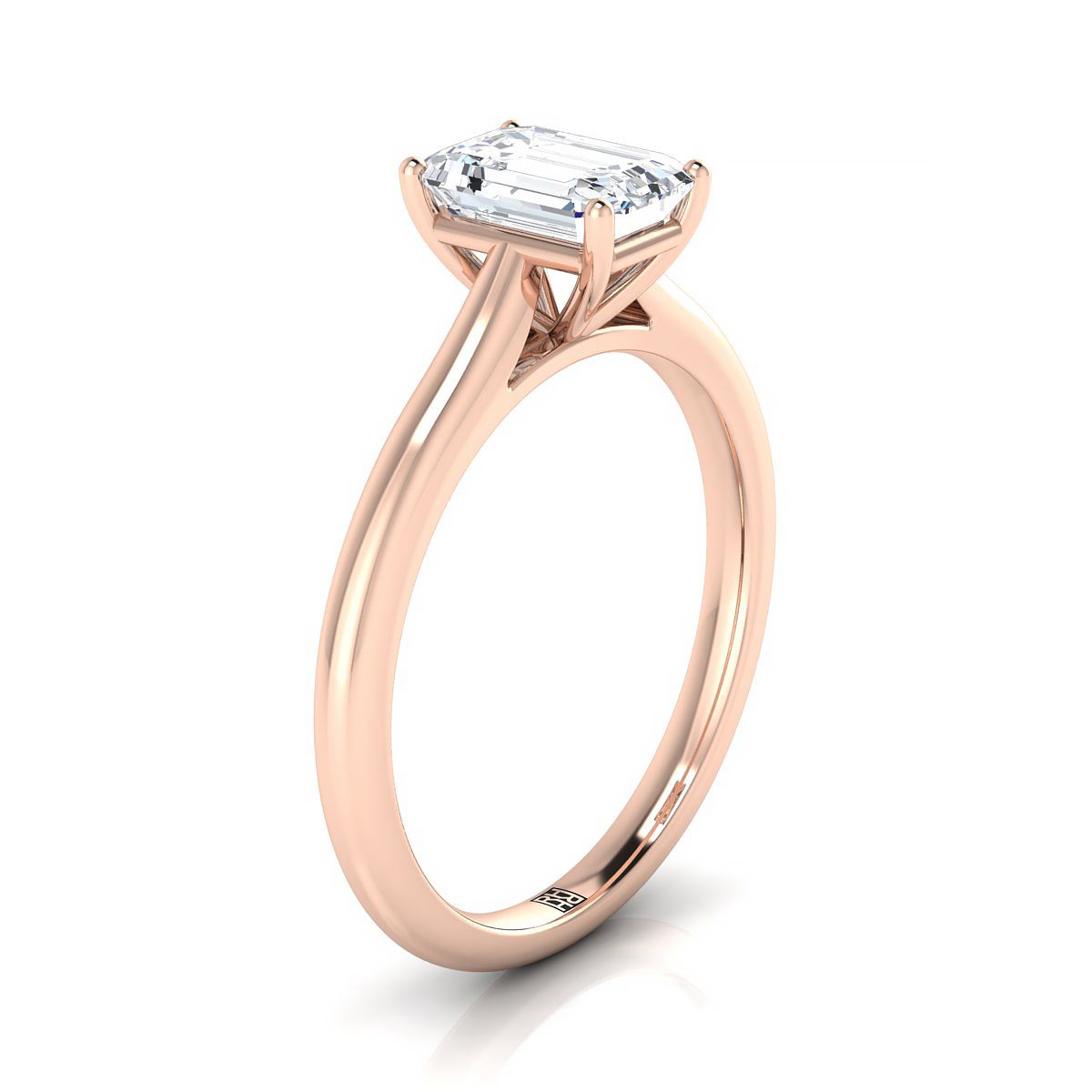 แหวนหมั้นเพชร 14K Rose Gold Emerald Cut Pinched Comfort Fit Claw Prong Solitaire