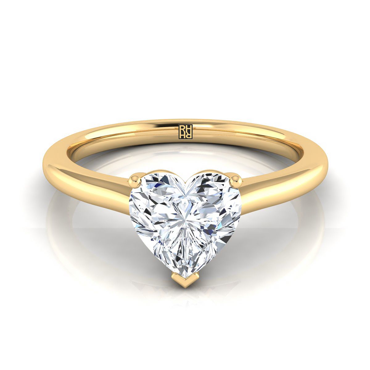 แหวนหมั้นรูปหัวใจสีเหลืองทอง 14K ตรงกลางแบบบีบ Comfort Fit Claw Prong Solitaire