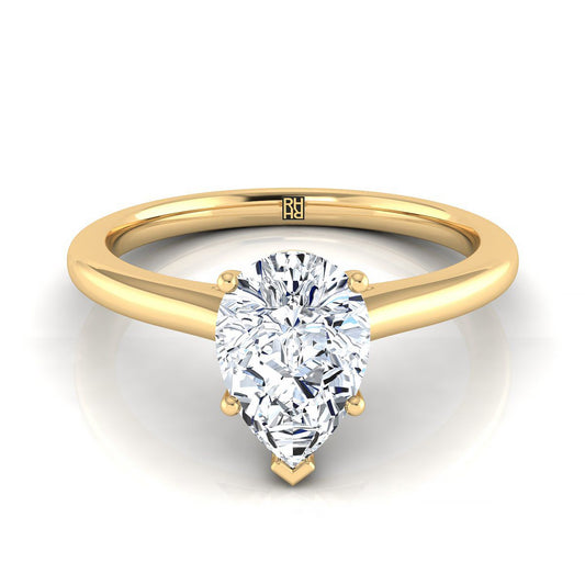 แหวนหมั้นเพชรสีเหลืองทอง 18K รูปลูกแพร์ตรงกลาง Pinched Comfort Fit Claw Prong Solitaire